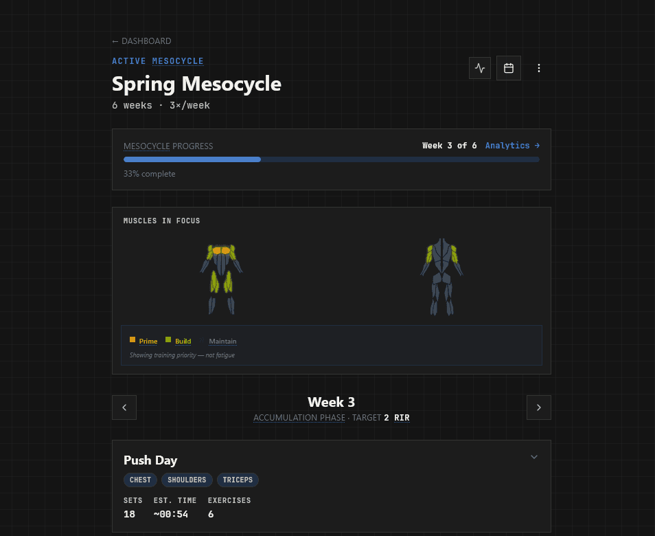 Calyber mesocycle overview: planned weeks, training days, and volume targets